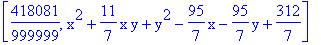 [418081/999999, x^2+11/7*x*y+y^2-95/7*x-95/7*y+312/7]
